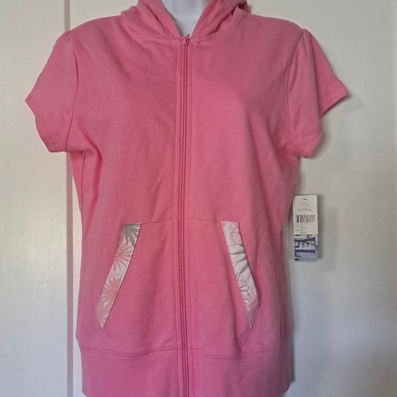 NEW YORK LAUNDRY Pink Tropical Print Short Sleeve Hoodie Jacket - Picture 8 of 8
